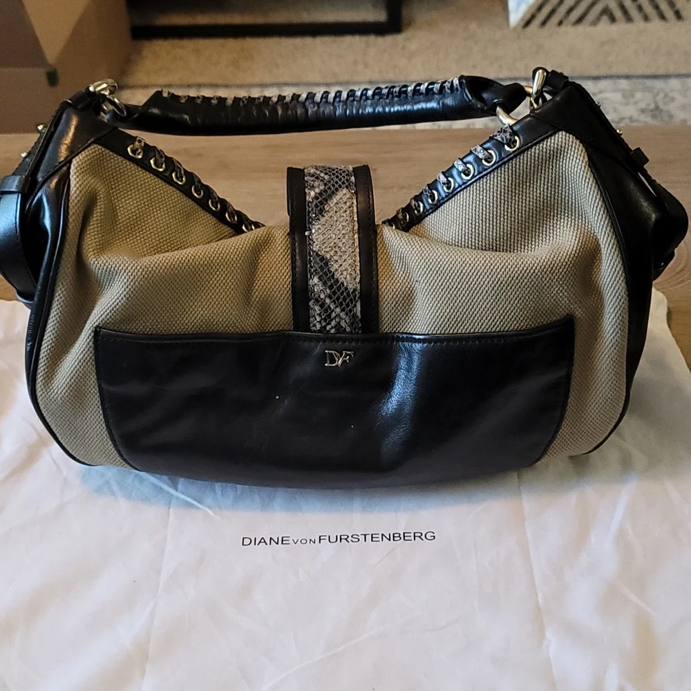 Diane Von Furstenberg Khaki Canvas and Black Leather Hobo with Silver Hardware
